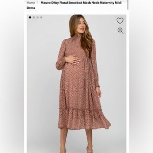 Mauve Ditsy Floral Smocked Mock Neck Maternity Midi Dress (size Large)